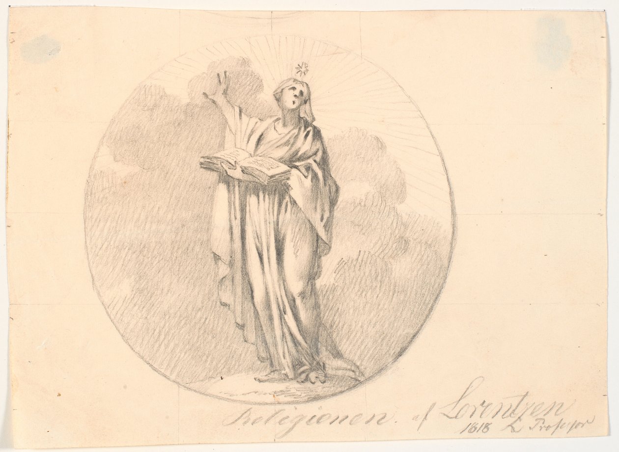 Symbol der Religion. Eine stehende Frau mit einem Buch von C.A. Lorentzen