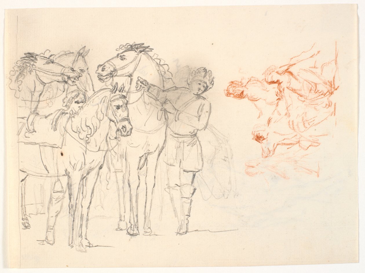 Zwei Skizzen. Links eine Bleistiftskizze mit Pferden und zwei Männern. Rechts eine Rötelkreideskizze mit einer Figurengruppe von C.A. Lorentzen