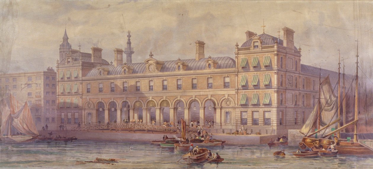 Ansicht des Billingsgate-Marktes mit Figuren und Booten im Vordergrund, London, 1877 von CF Kell