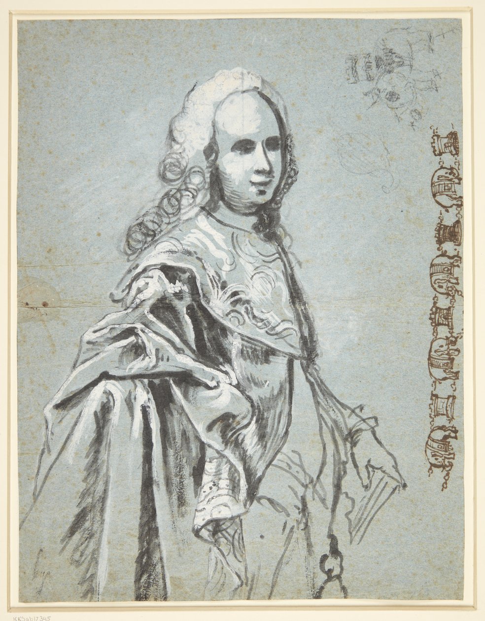 Studie zu einem Porträt, vermutlich von A. G. Moltke; rechts auf dem Blatt Studie zur Kette des Elefantenritterordens von C.G. Pilo