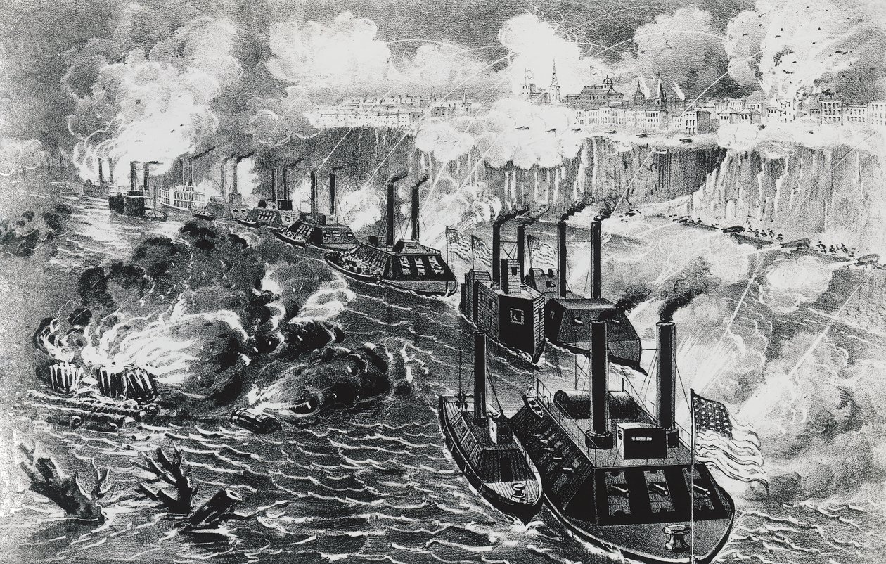 Admiral David Dixon Porters Flotte durchbricht die Rebellenblockade am Mississippi bei Vicksburg, 16. April von J.B. and Brown J. Rowbotham