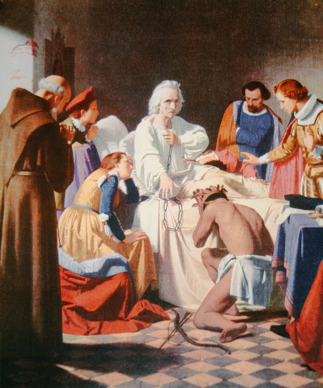 Kolumbus auf seinem Sterbebett, die Ketten haltend, in denen er von seiner dritten Reise zurückkehrte von J.B. and Brown J. Rowbotham