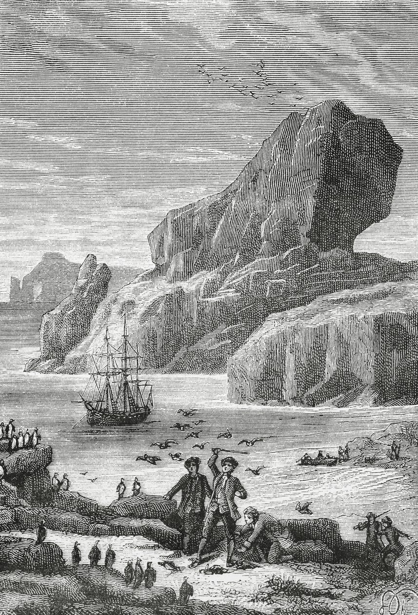 Entdeckung von Australfrankreich (Kerguelen-Inseln) durch den französischen Entdecker Yves-Joseph de Kerguelen-Tremarec (1734-1797), Februar 1772, Gravur, Indischer Ozean, Französische Süd- und Antarktisgebiete von J.B. and Brown J. Rowbotham
