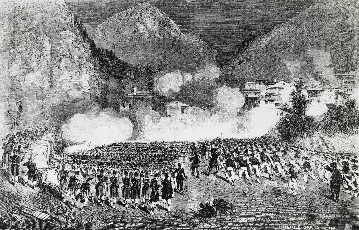 Division von General Giacomo Medici greift Levico Terme an, Trentino-Südtirol, Juli 1866, Dritter Unabhängigkeitskrieg, Gravur, Italien von J.B. and Brown J. Rowbotham