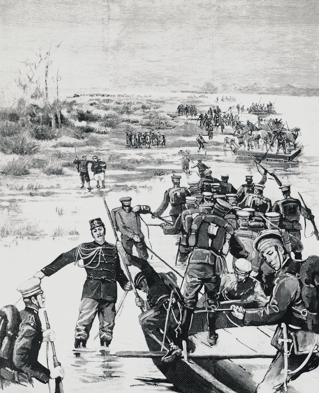 Japanische Truppen unter dem Kommando von Yamagata Aritomo überqueren den Yalu-Fluss von J.B. and Brown J. Rowbotham