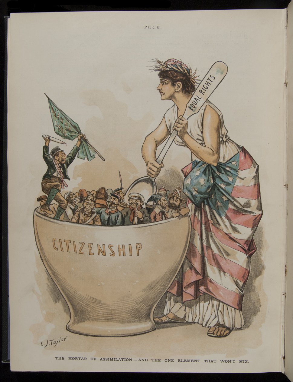 Der Mörser der Assimilation - Und das eine Element, das sich nicht mischen lässt, Illustration aus Puck Magazine, 26. Juni 1889 von C.J. Taylor