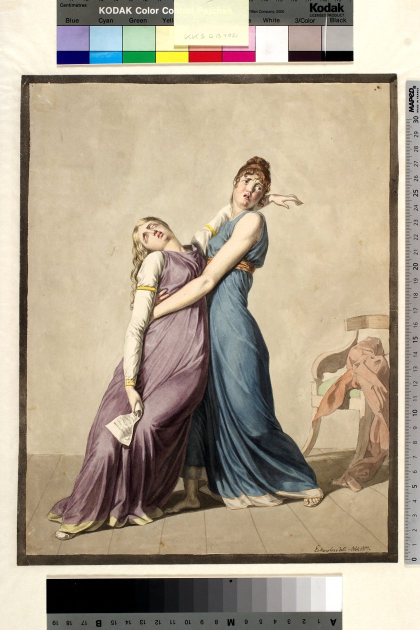 Eine Frau stützt eine andere Frau, die beim Lesen eines Briefes in Ohnmacht gefallen ist von Christoffer Wilhelm Eckersberg