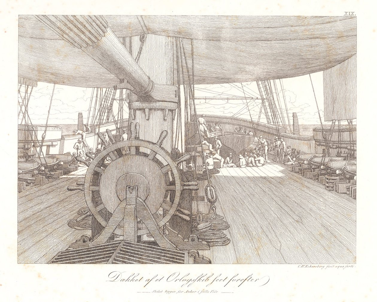 Deck eines Kriegsschiffs, nach vorne gesehen von Christoffer Wilhelm Eckersberg