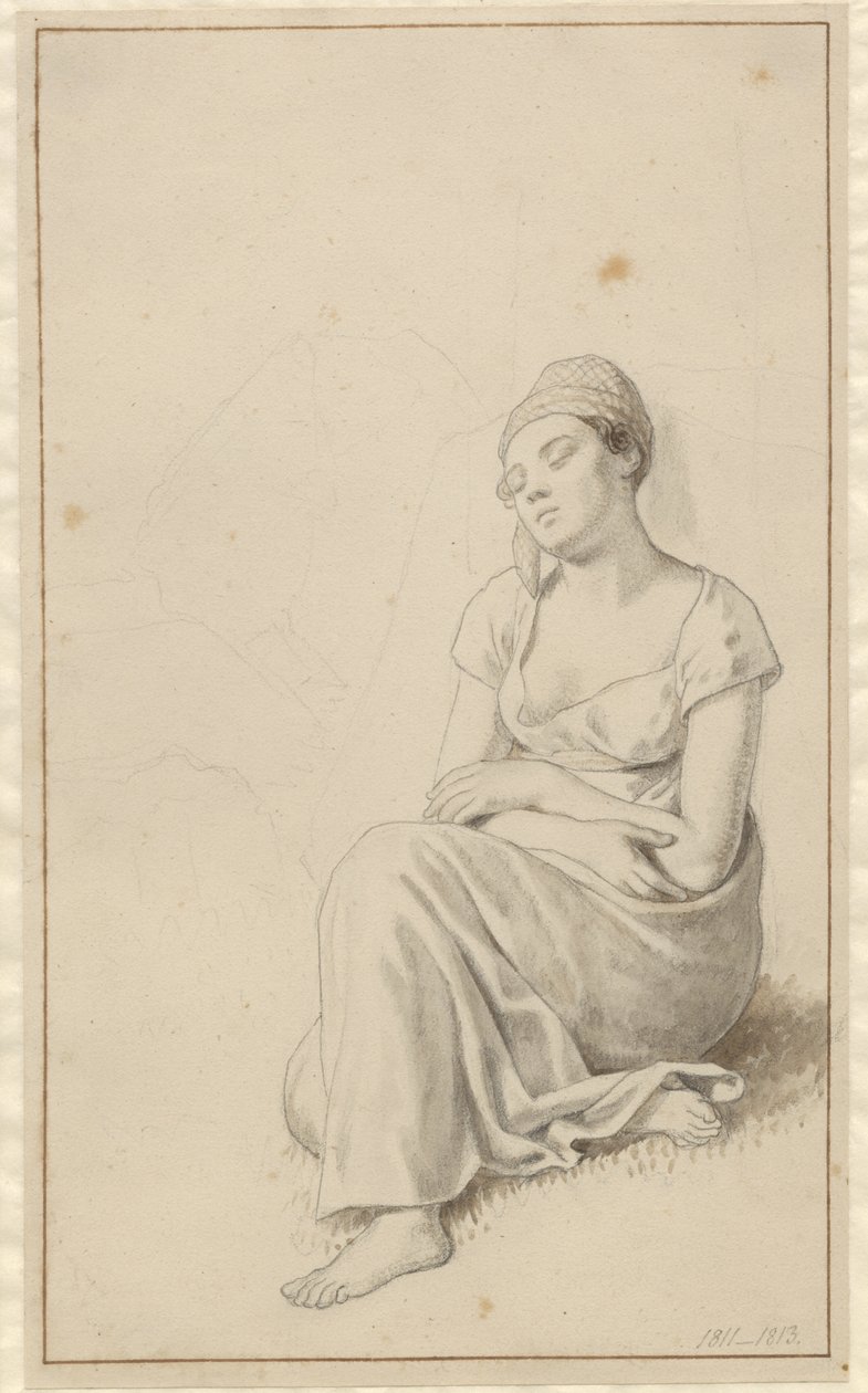 Eine Frau, die an einen Steinblock gelehnt sitzt und schläft. von Christoffer Wilhelm Eckersberg