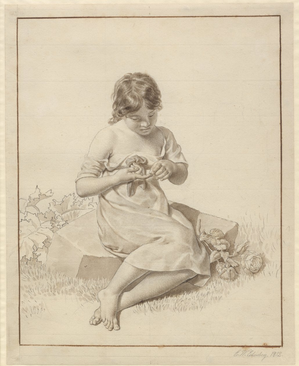 Ein kleines Mädchen, das sich an einem Rosendorn gestochen hat von Christoffer Wilhelm Eckersberg