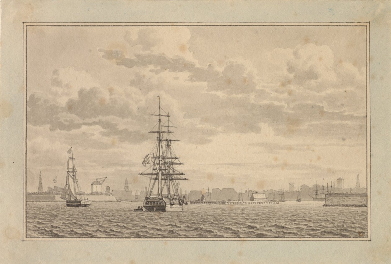 Kopenhagen vom Außenhafen aus gesehen mit einer vor Anker liegenden Brigg und einer segelnden Schaluppe von Christoffer Wilhelm Eckersberg
