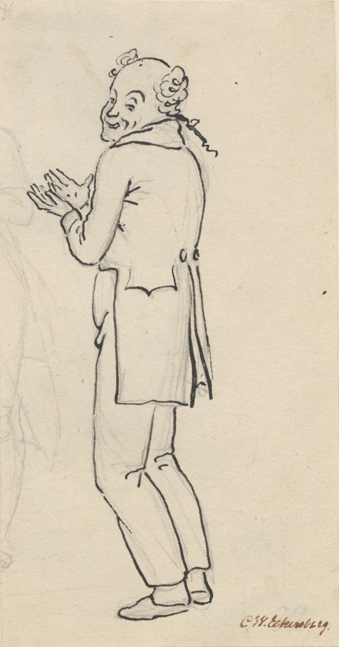 Satirisches Blatt; ein lächelnder Mann, von der Seite gesehen, mit beiden Händen vor der Brust, sowie Teil einer leichten Bleistiftskizze [abgeschnitten] von Christoffer Wilhelm Eckersberg