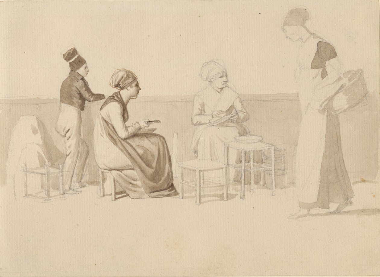 Szene aus einem Hof oder Kai in Paris. Vier sitzende, stehende und gehende Figuren. von Christoffer Wilhelm Eckersberg