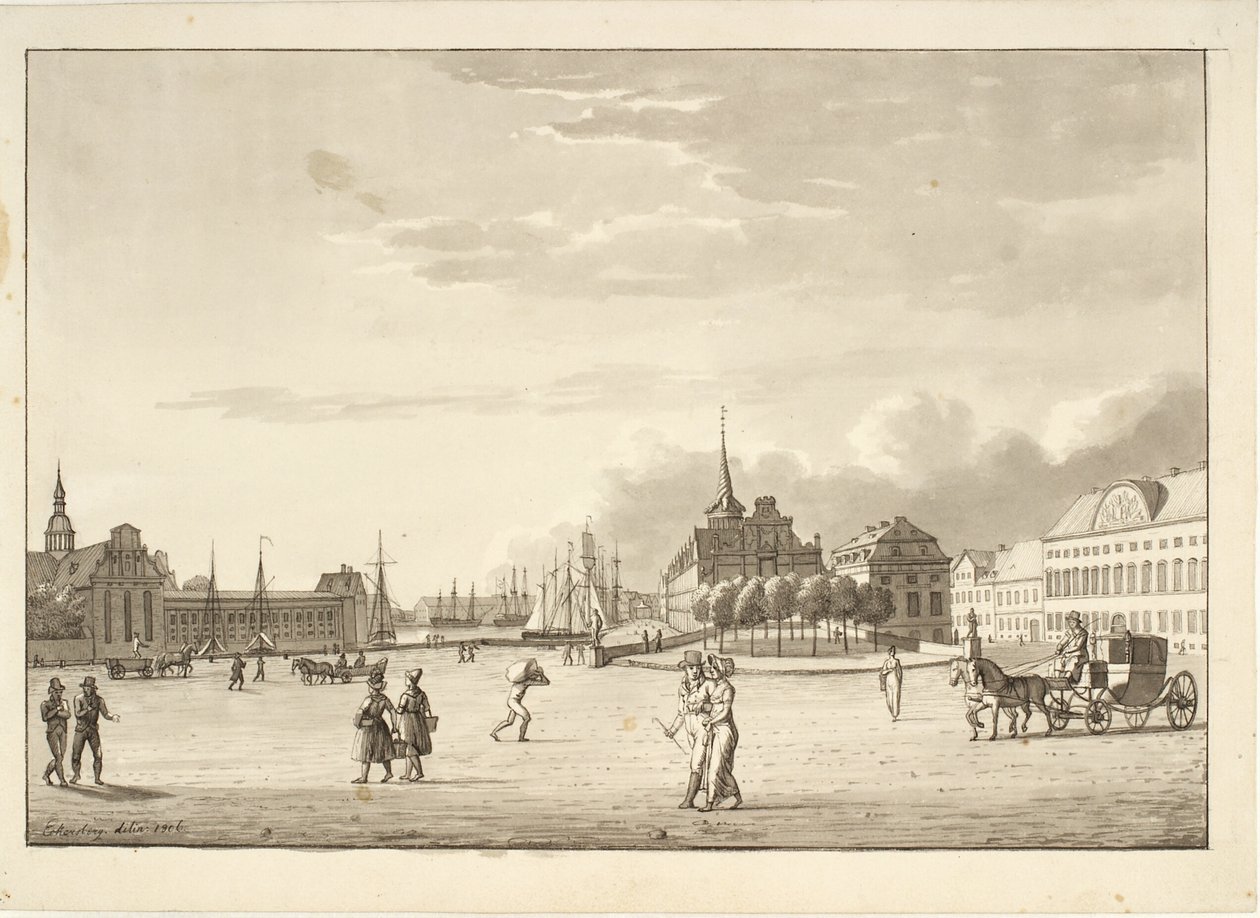Schlossplatz in Kopenhagen mit Holmens Kirche, Börse, der nun verschwundenen Bank und Kanzleigebäude ("Das rote Gebäude") von Christoffer Wilhelm Eckersberg
