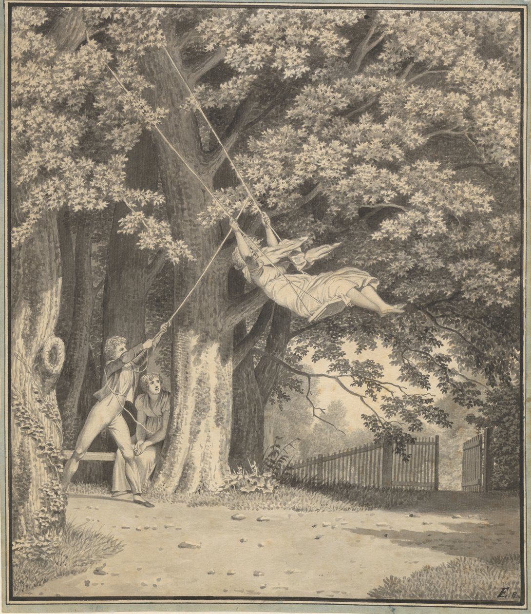 Der Wald bei Skjoldnæsholm mit einem jungen Mann, der ein junges Mädchen schaukelt von Christoffer Wilhelm Eckersberg
