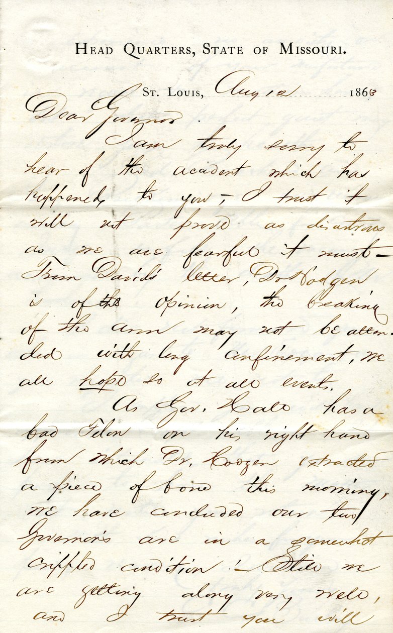 Brief unterschrieben C.C. Bailey, Hauptquartier, Staat Missouri, St. Louis, an Gouverneur [Hamilton R. Gamble], 12. August 1863 von C. C. Bailey