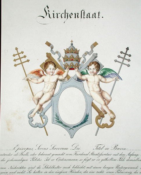 Wappen des Kirchenstaates des Vatikans, aus einer Sammlung von Aquarellen, veröffentlicht in Deutschland, ca. 1830-33 von C. Hildebrandt