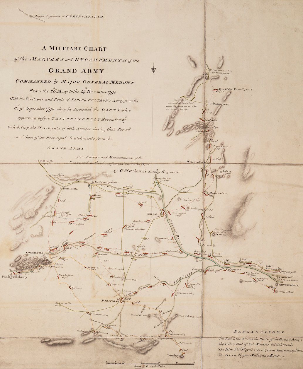 Eine militärische Karte der Märsche und Lager des großen Heeres unter dem Kommando von Generalmajor Medows vom 26. Mai bis 14. Dezember 1790 von C. Mackenzie
