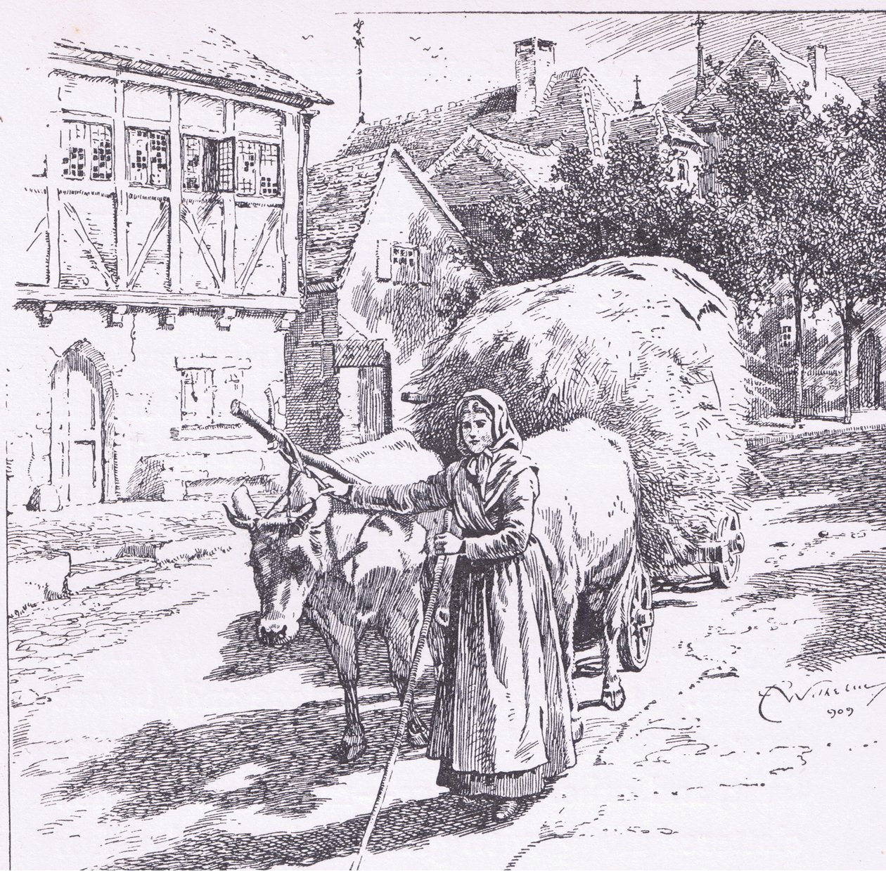 Karren, die von Ochsen gezogen wurden, rumpelten durch die stillen Straßen von C. Wilhelm