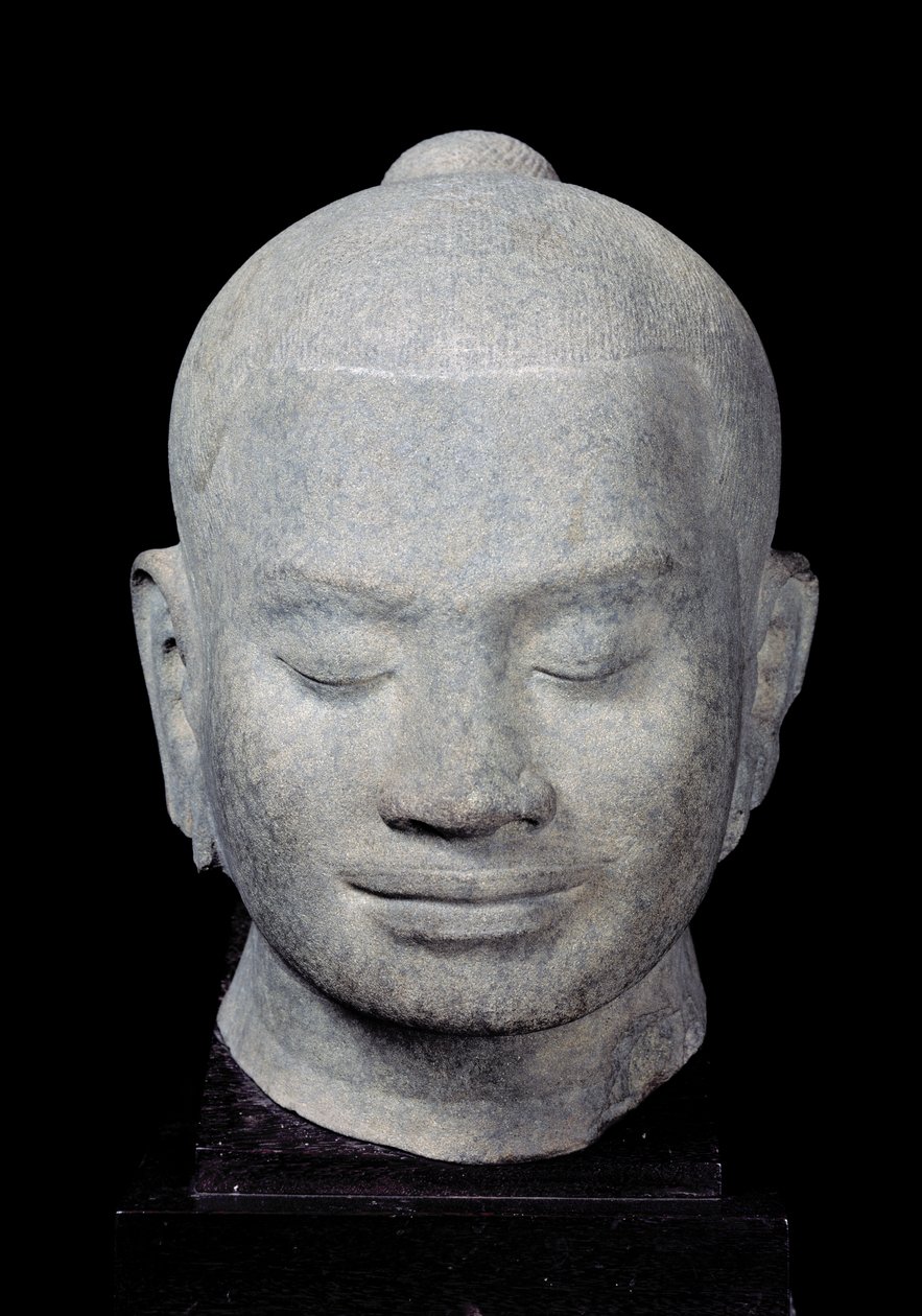 Kopf von König Jayavarman VII (1181-1218) Bayon-Stil, aus Preah Khan, 12.-13. Jahrhundert (Sandstein) von Cambodian School