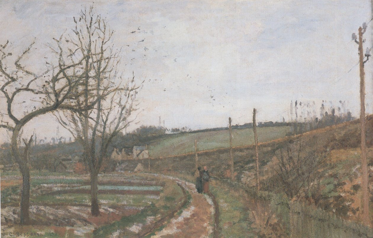 Die Straße am Eisenbahnrand, Schneeeffekt von Camille Jacob Pissarro