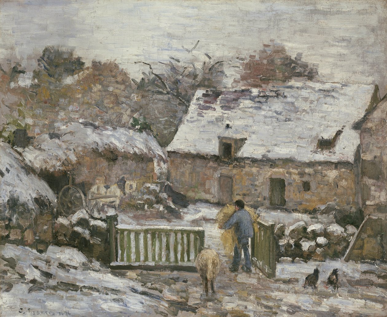 Ein Bauernhof in Montfoucault: Schneeeffekt, 1876 von Camille Jacob Pissarro
