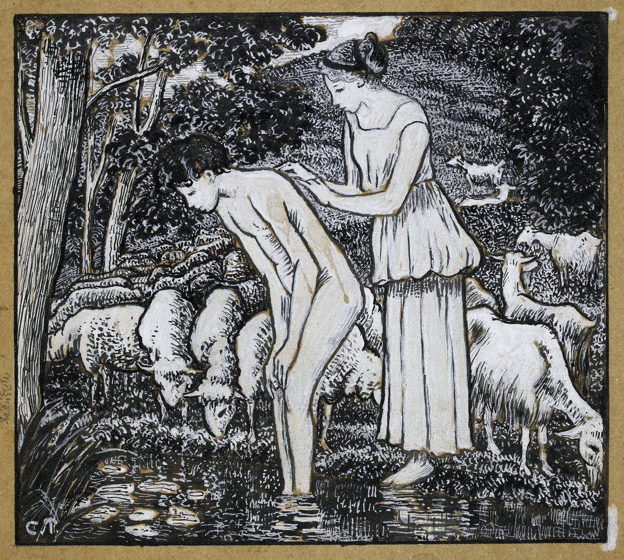 Chloë wäscht Daphnis an einem Bach, Kompositionsstudie für eine Illustration zu 