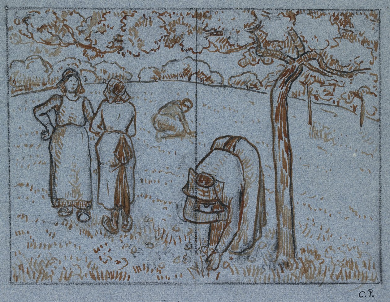 Kompositionsstudie von vier weiblichen Bauern, die in einem Obstgarten arbeiten (