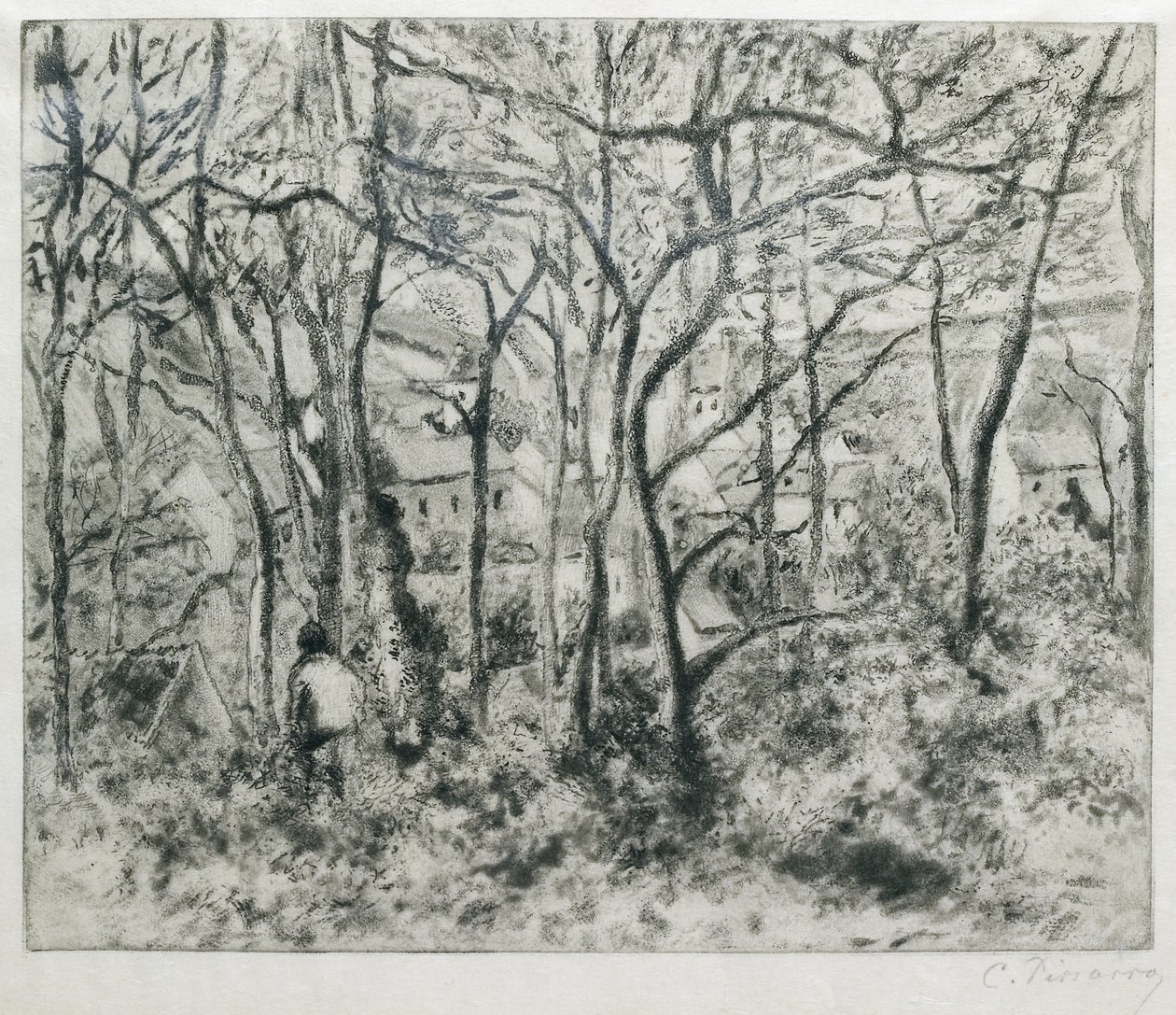 Landschaft unter Bäumen, in der Hermitage (Pontoise), 1879 (Aquatinta und Kaltnadelradierung) von Camille Jacob Pissarro