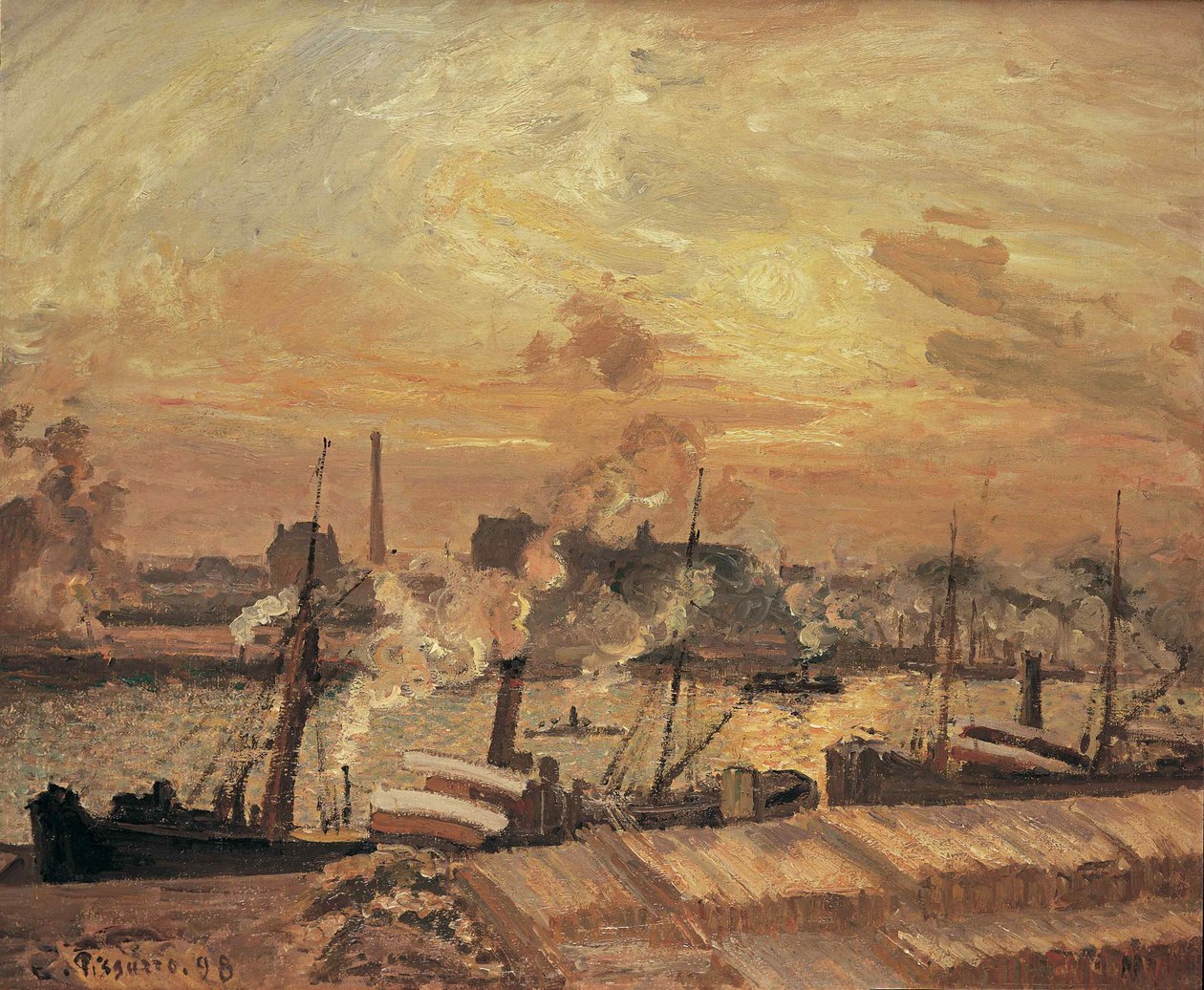 Déchargement de bois, quai de la Bourse, coucher de soleil, 1898 von Camille Jacob Pissarro