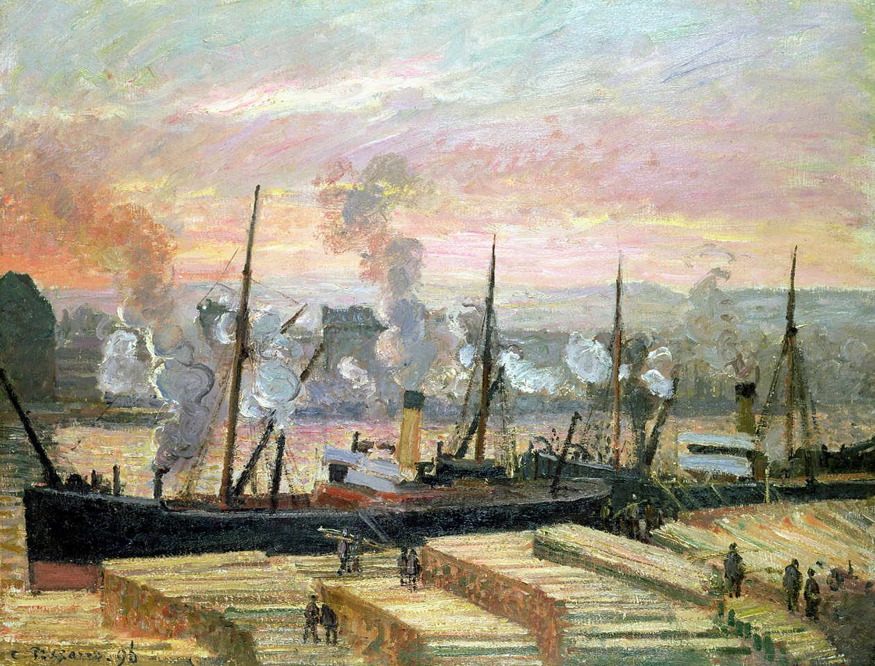 Sonnenuntergang in Rouen, Boote entladen Holz, 1896 von Camille Jacob Pissarro