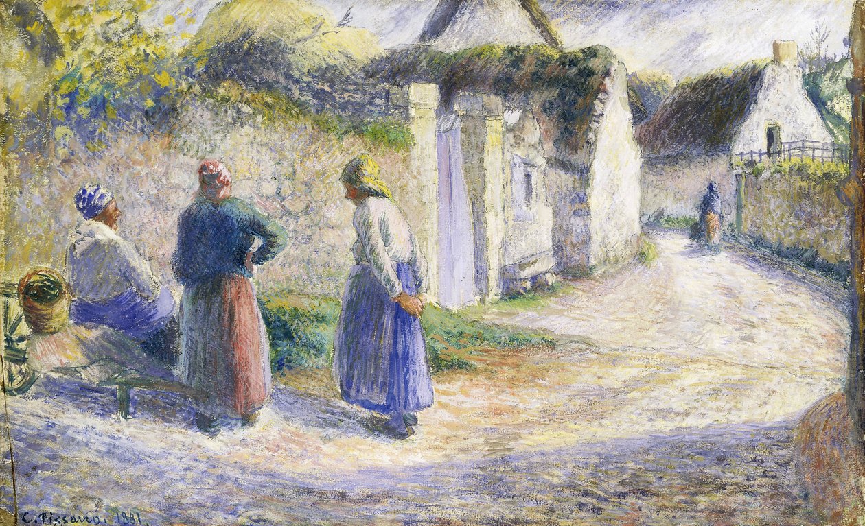 Dorfstraße mit drei Personen rechts von Camille Jacob Pissarro