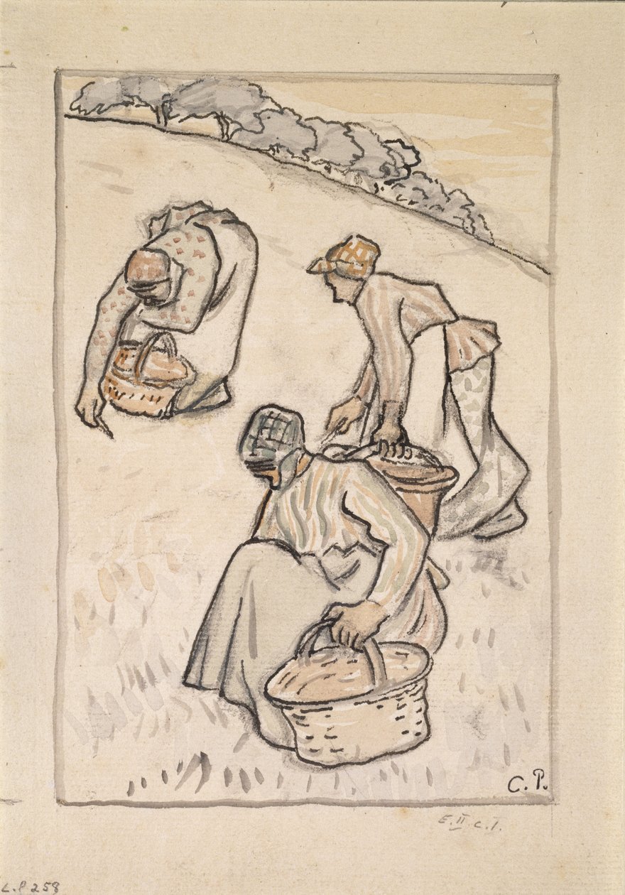 Frauen, die das Gras jäten (Feder und indische Tinte mit Aquarell über Kohle auf Papier) von Camille Jacob Pissarro