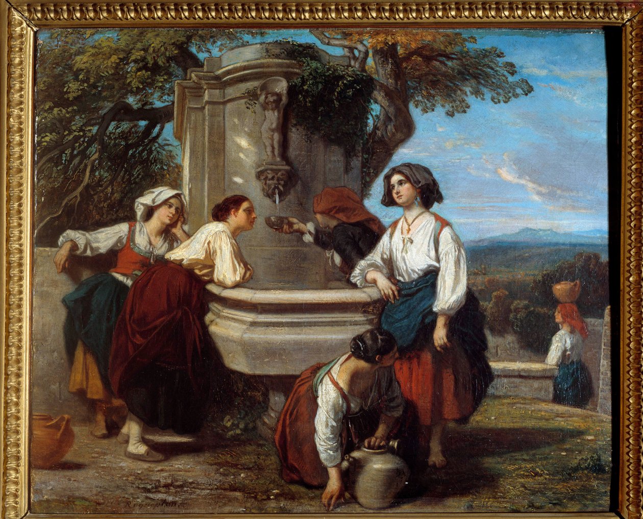 Ossaloises am Brunnen, Bauern aus dem Ossau-Tal treffen sich am Brunnen, Gemälde von Camille Roqueplan von Camille Joseph Etienne Roqueplan