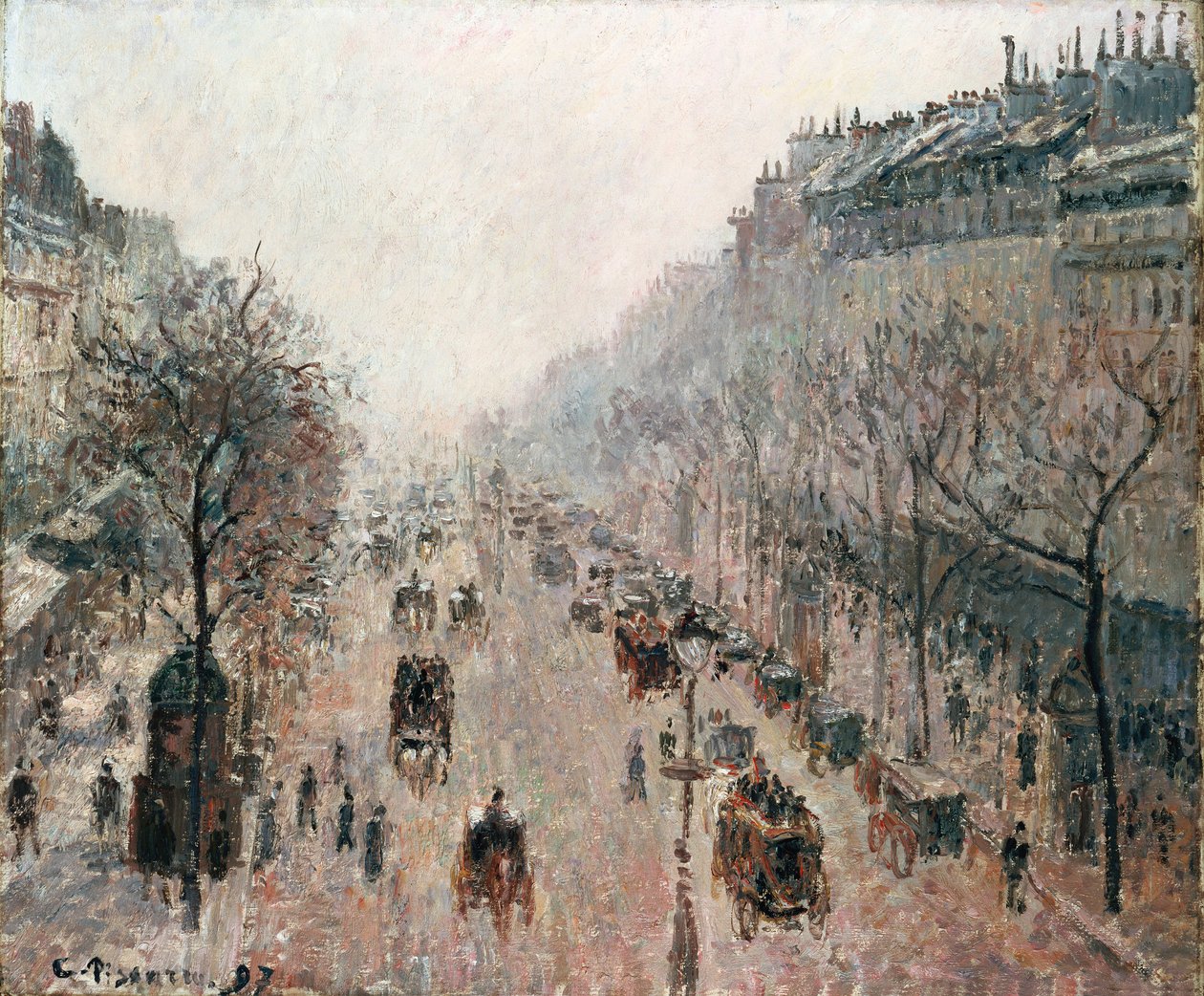 Boulevard Montmartre an einem nebligen sonnigen Morgen, 1897 von Camille Jacob Pissarro