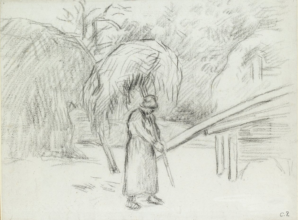Studie einer Bäuerin, die eine Heuladung im Hof von Foucault trägt, ca. 1875 von Camille Pissarro