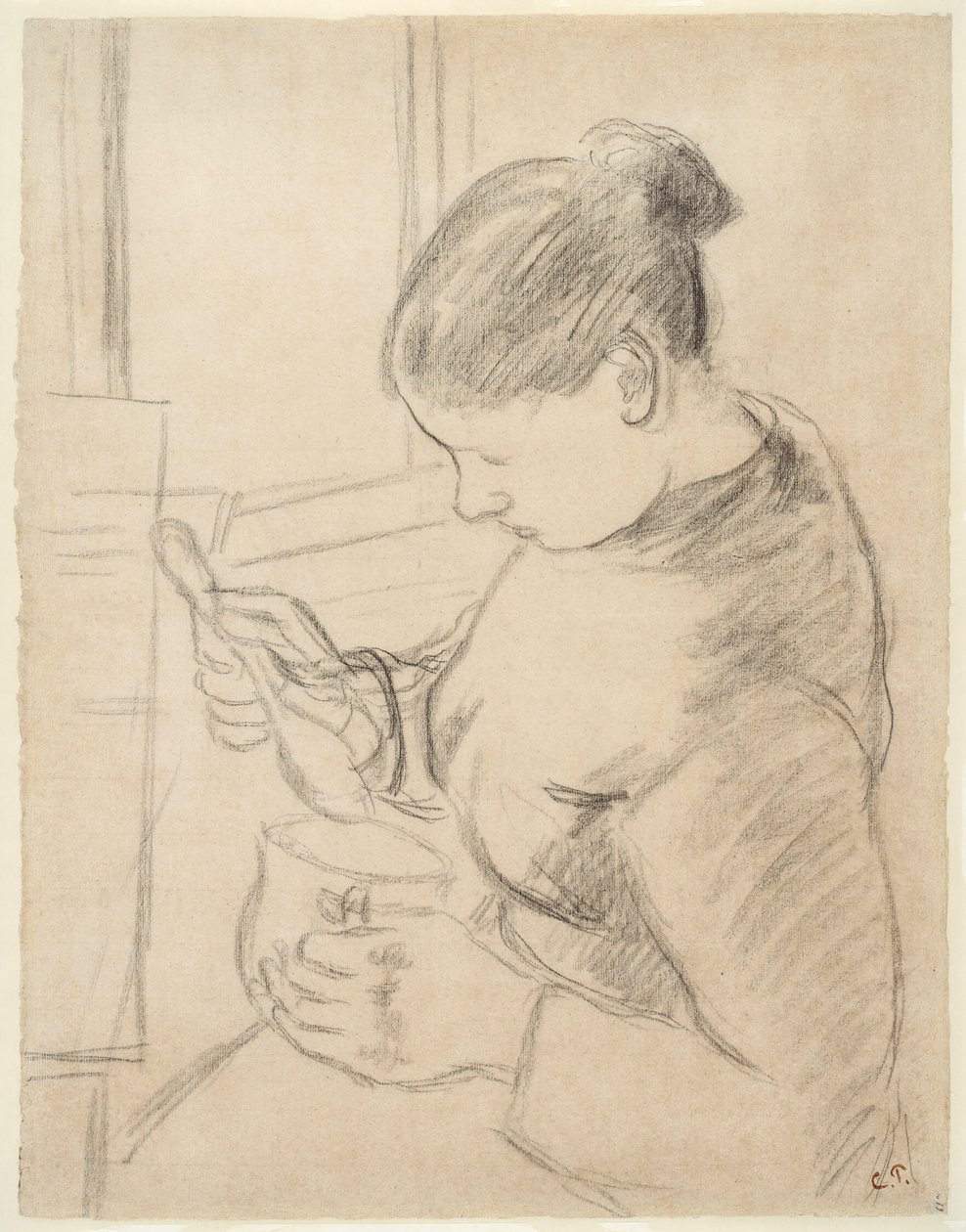 Junge Bäuerin beim Kaffeetrinken von Camille Pissarro