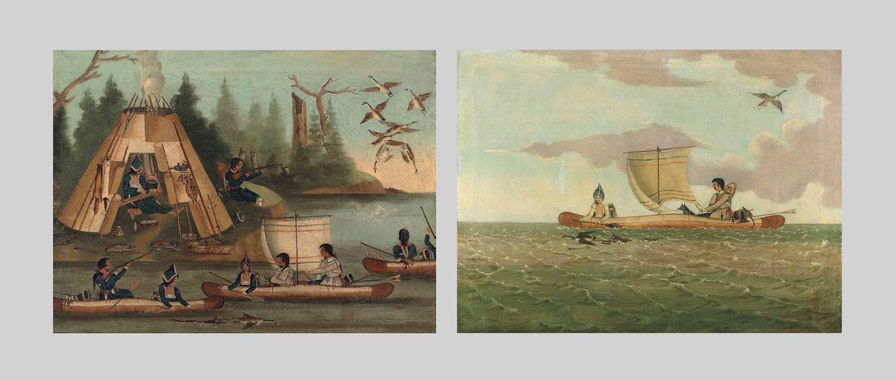 Mi’qmak-Indianerlager an einer Bucht mit Mi’qmaks, die Kanadagänse schießen; und Mi’qmak-Indianer, die Kanadagänse jagen, frühes 19. Jahrhundert von Canadian School