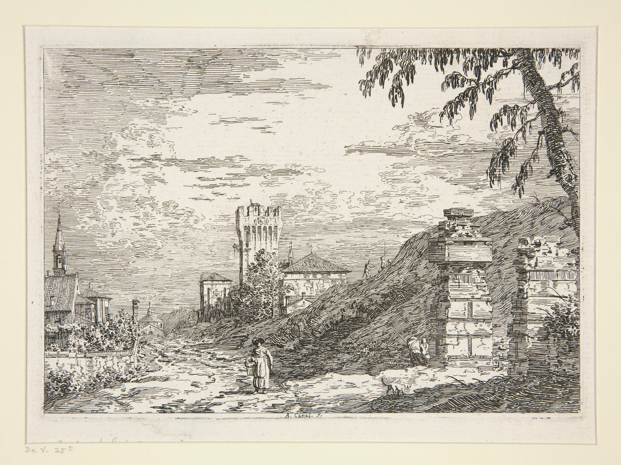 Landschaft mit Turm und zwei zerstörten Säulen, aus der Serie Vedute von Canaletto (Giovanni Antonio Canal)