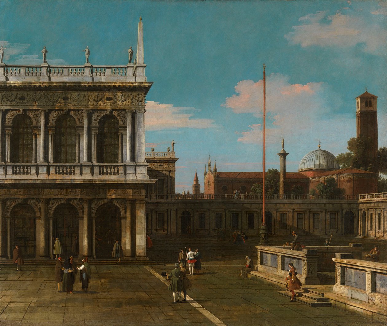 Canaletto - Capriccio-Ansicht der Piazzetta mit der Libreria, signiert und datiert 1744 von Canaletto