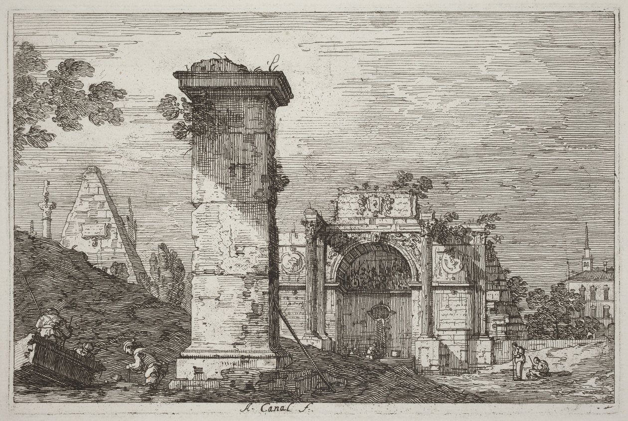 Landschaft mit Ruinenmonumenten (rechts) von Canaletto