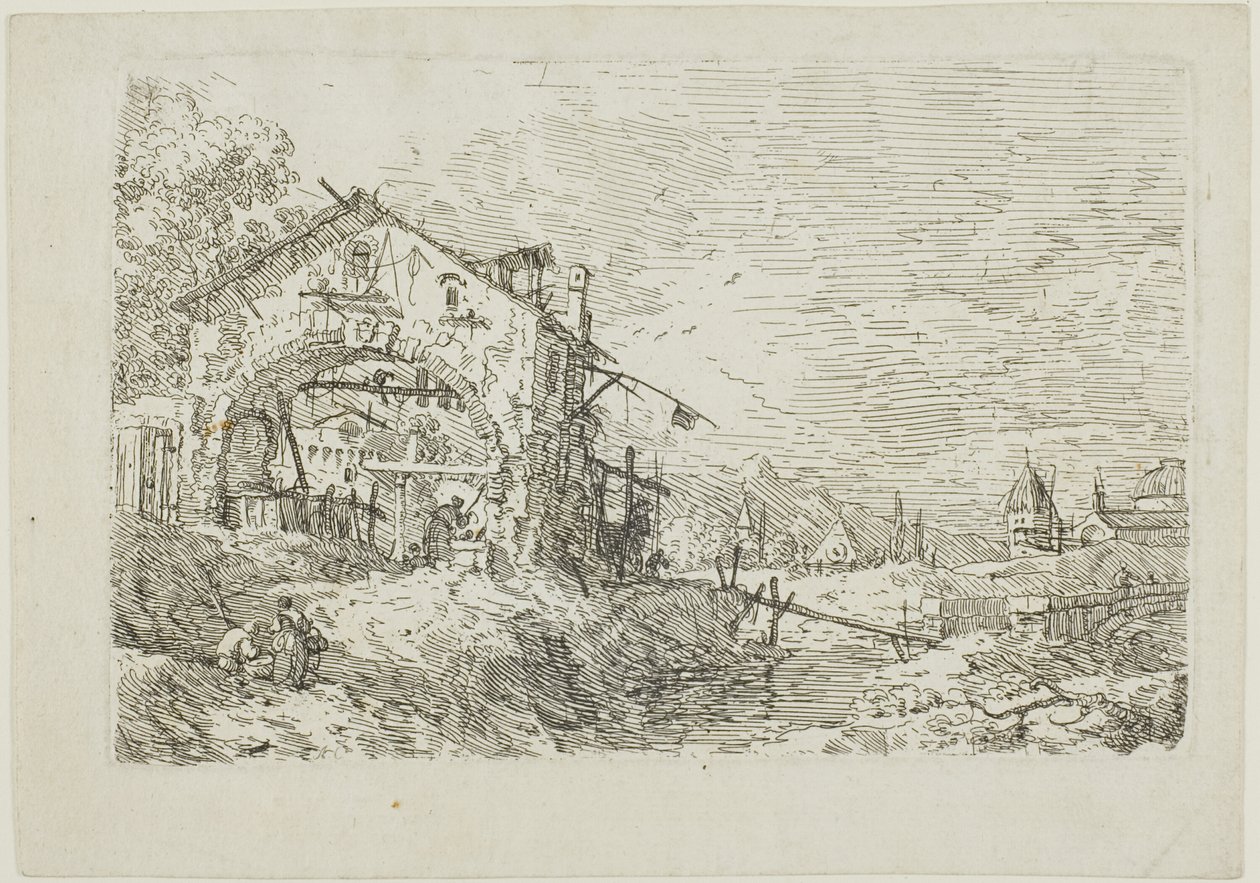 Landschaft mit einer Frau an einem Brunnen, aus Vedute von Canaletto