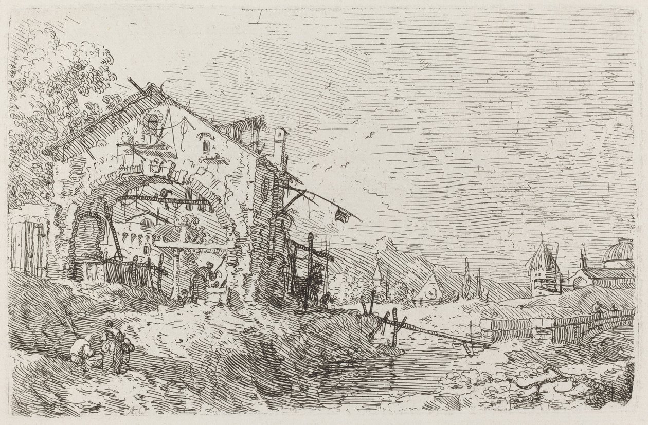 Landschaft mit einer Frau an einem Brunnen, um 1735-1746 von Canaletto