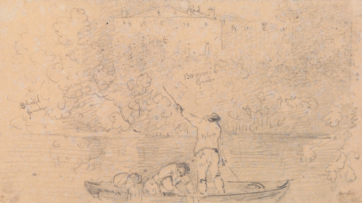 Skizze von zwei Männern in einem Boot und einem Haus am Ufer von Capt. Thomas Hastings