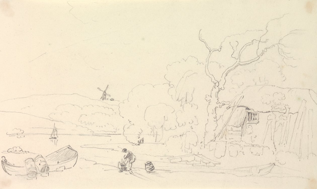 Skizze einer Hütte am Fluss mit einer Windmühle in der Ferne von Capt. Thomas Hastings
