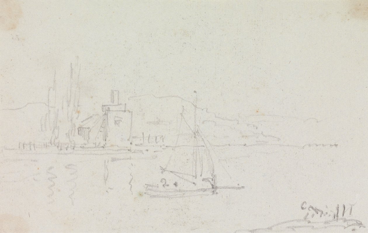 Skizze eines Segelbootes und eines Gebäudes am Ufer von Capt. Thomas Hastings