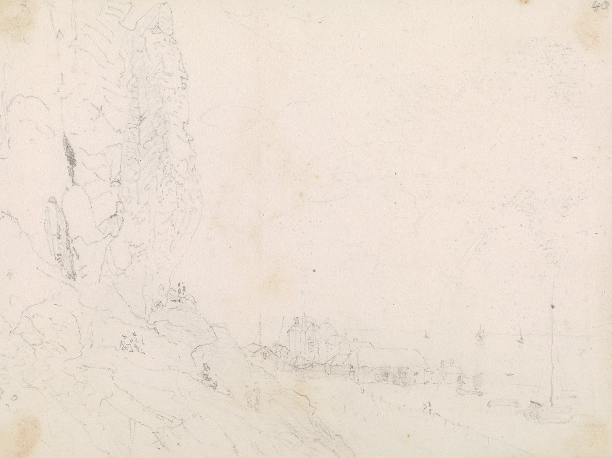 Skizze eines Küstendorfs in der Nähe einer Klippe von Capt. Thomas Hastings