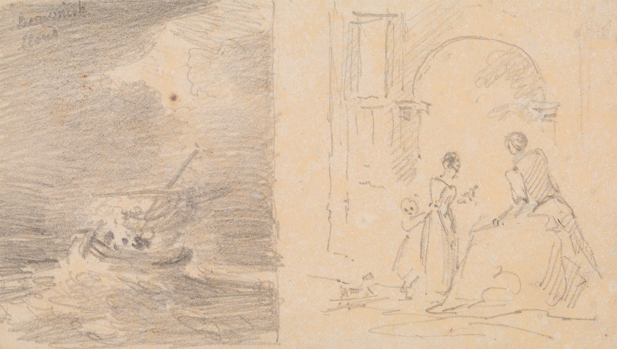 Skizze eines Schiffes im Sturm und Skizze einer Familiengruppe bei einem Bogen von Capt. Thomas Hastings