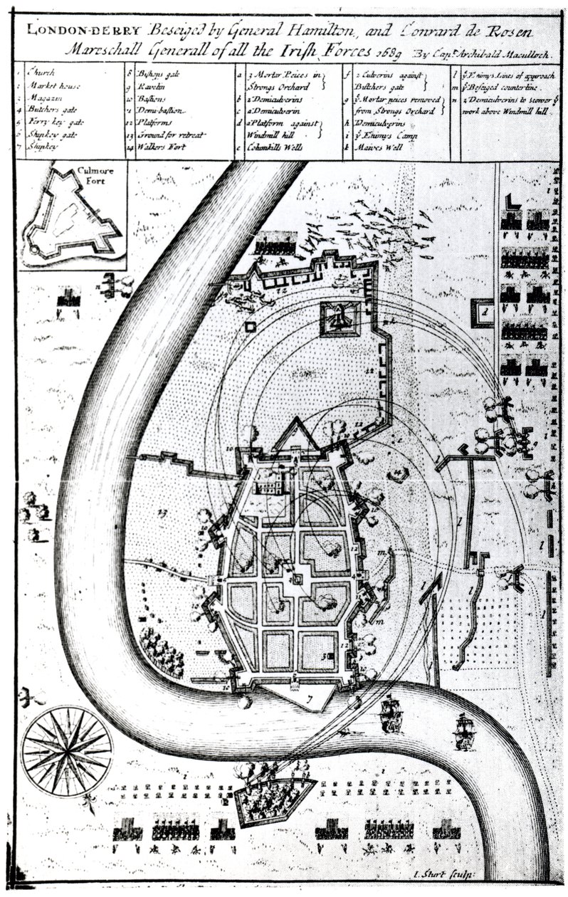 Londonderry belagert von General Hamilton und Conrad de Rosen, graviert von J. Sturt, 1689 von Captain Archibald Maculloch