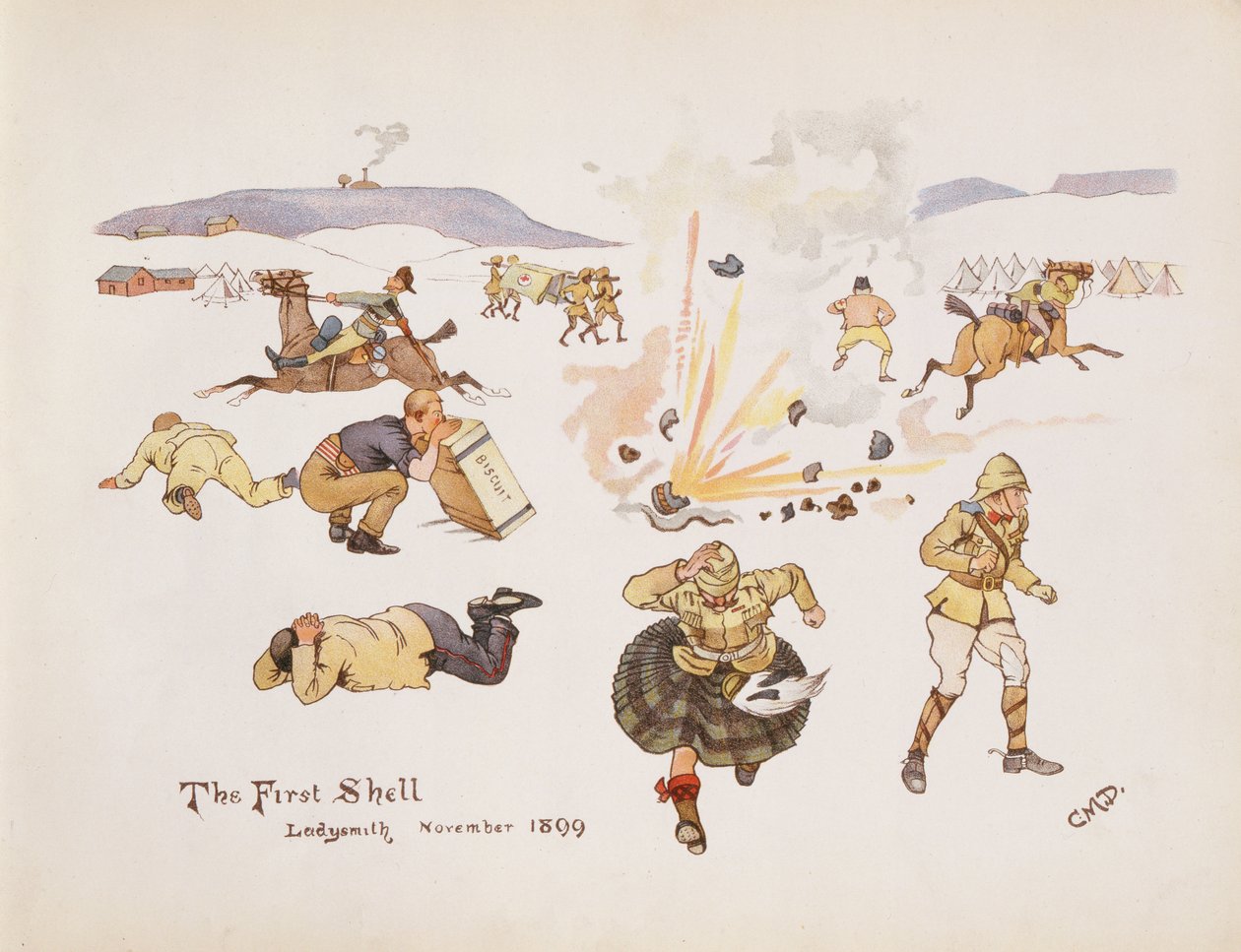 Die erste Granate, Ladysmith, 1899, aus The Leaguer of Ladysmith, 1900 von Captain Clive Dixon
